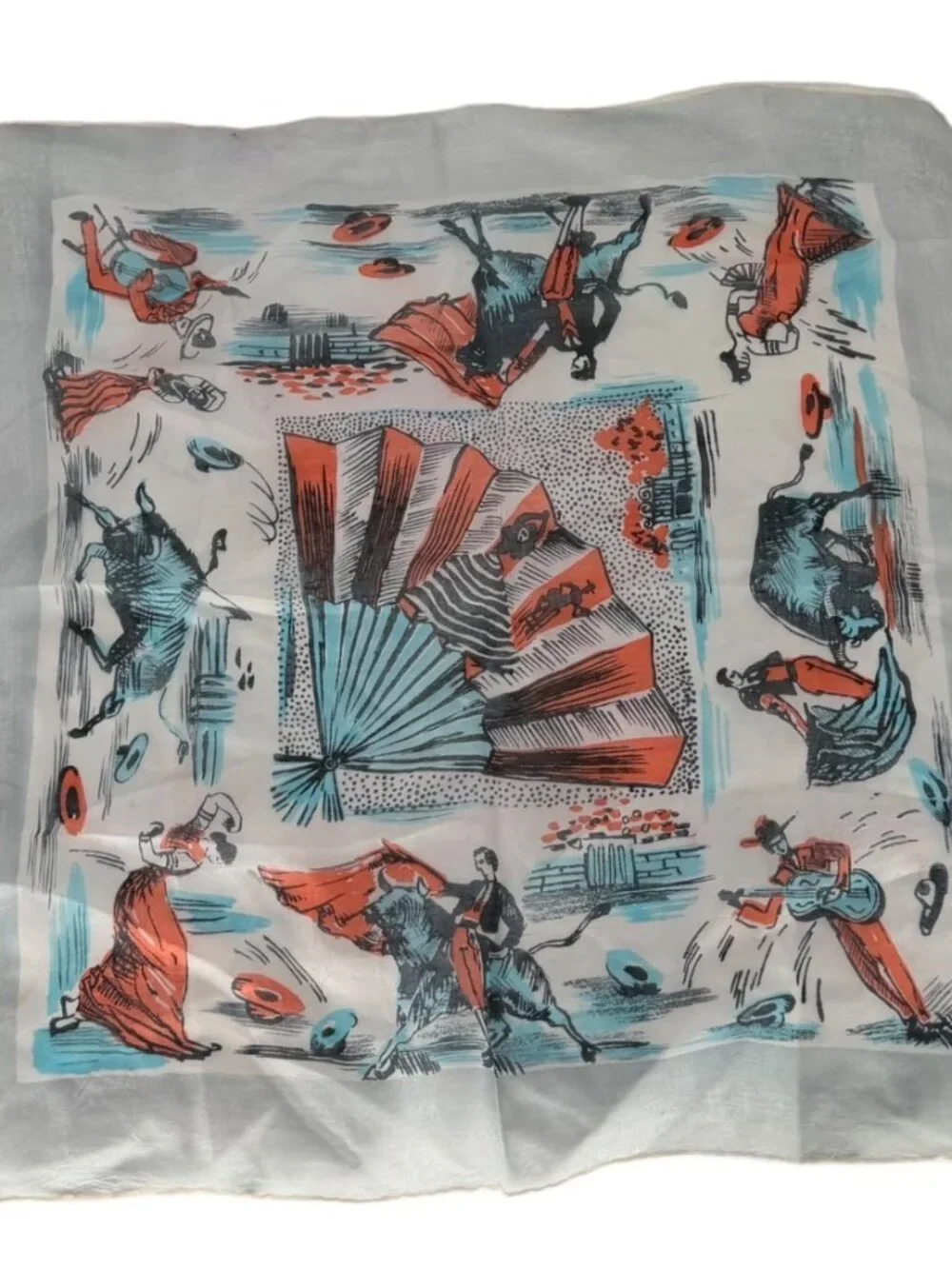Vintage Matador Flamenco Bullfighting Handkerchief Scarf With Spanish Theme Art
